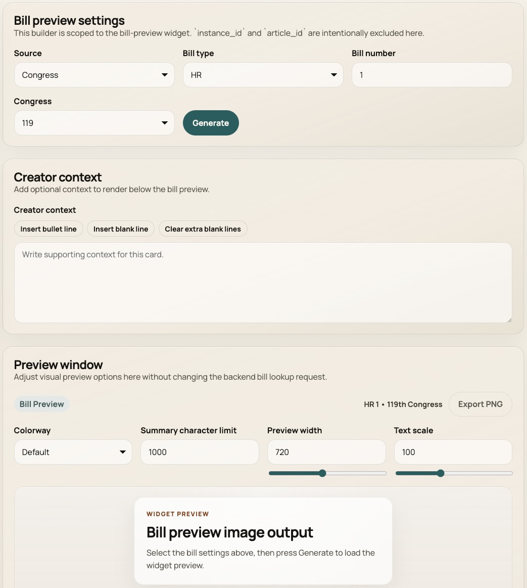 Bill Preview Image Generator interface showing bill lookup, preview settings, custom context, and PNG export