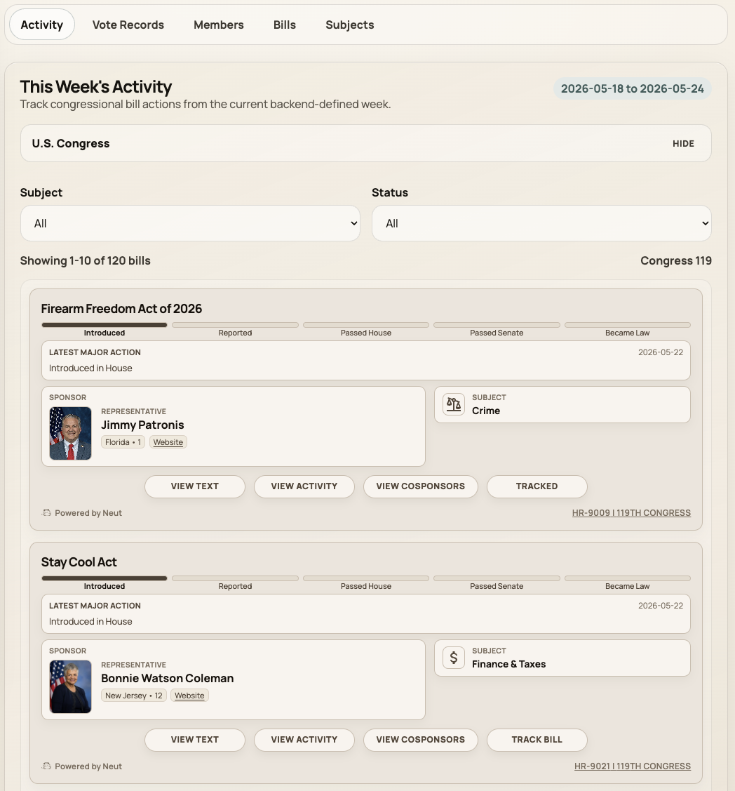 Weekly Activity view listing recent bill actions with subject and status filters
