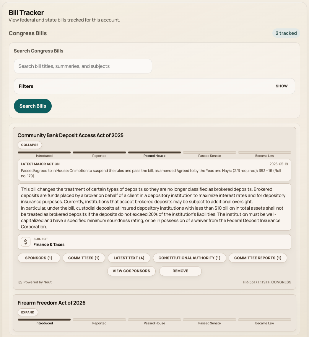 Bill Tracker queue showing saved bills with status and subject context
