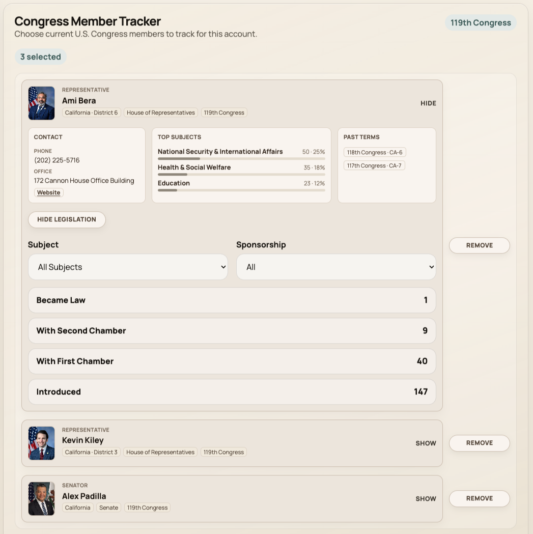 Member Tracker showing followed legislators and their related legislation