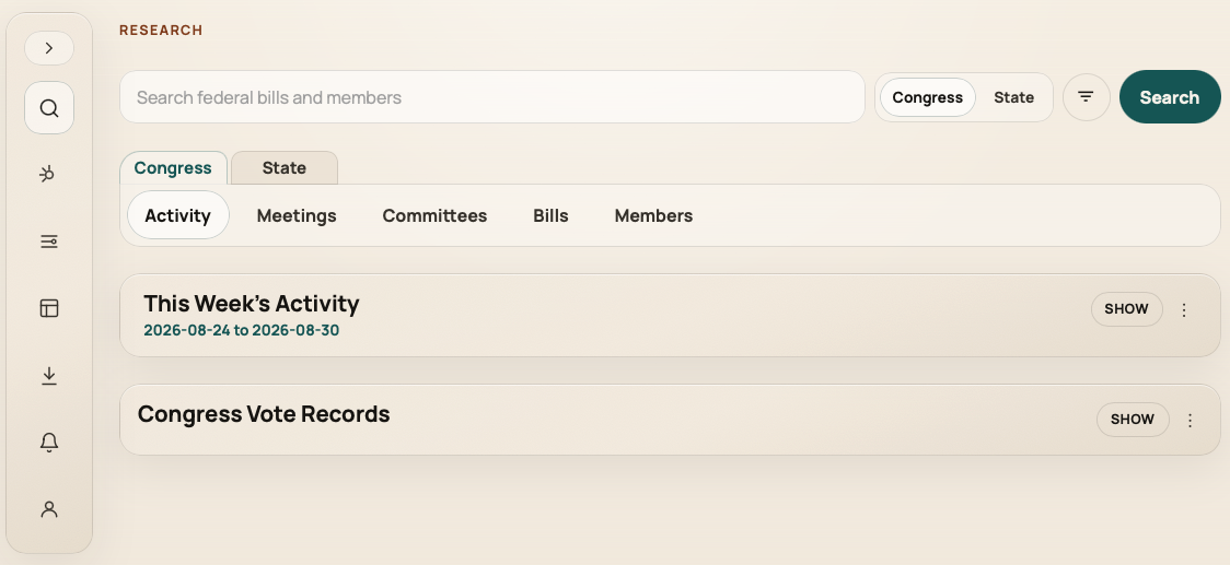 Neut Customer Console Research Center with Congress and State search and legislative research tabs