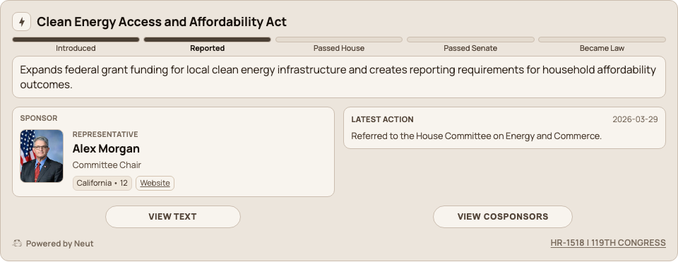 Bill Preview widget showing bill summary, sponsors, and latest actions
